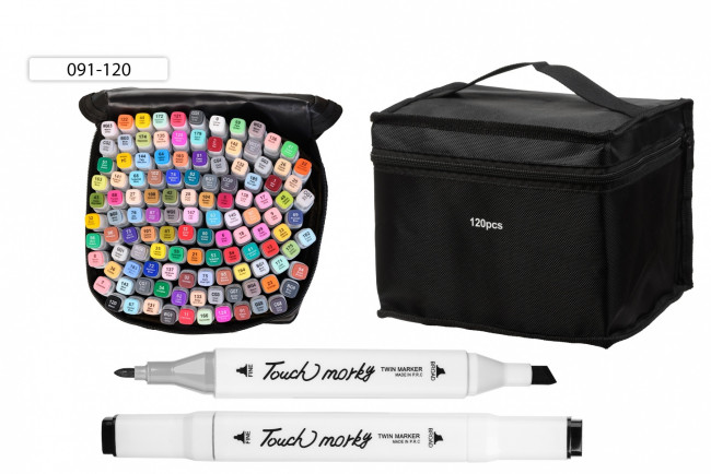 Набор скетчмаркеров: двусторонние, 1,0-7,0 mm; белый квадратной формы корпус; на спиртовой основе; тканевая чёрная сумка на молнии, 120 цветов/ 091-12