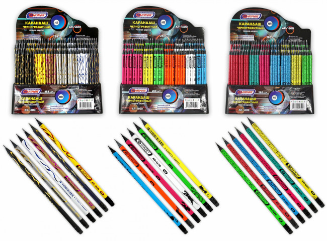 КАРАНДАШИ ЧЕРНОГРАФИТНЫЕ С ЛАСТИКОМ, ЧЕРНОЕ ДЕРЕВО В СТЕНДЕ 288шт "ASMAR" смайлики, пламя и животные