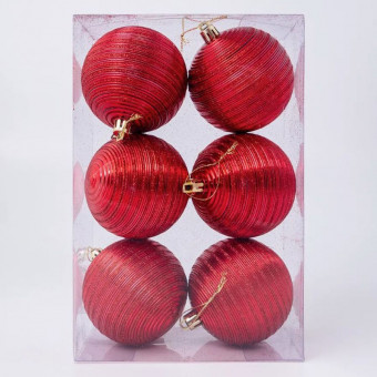 Елочное украшение шар красный 8см, полоска, 6 шт, Микрос/ч49626