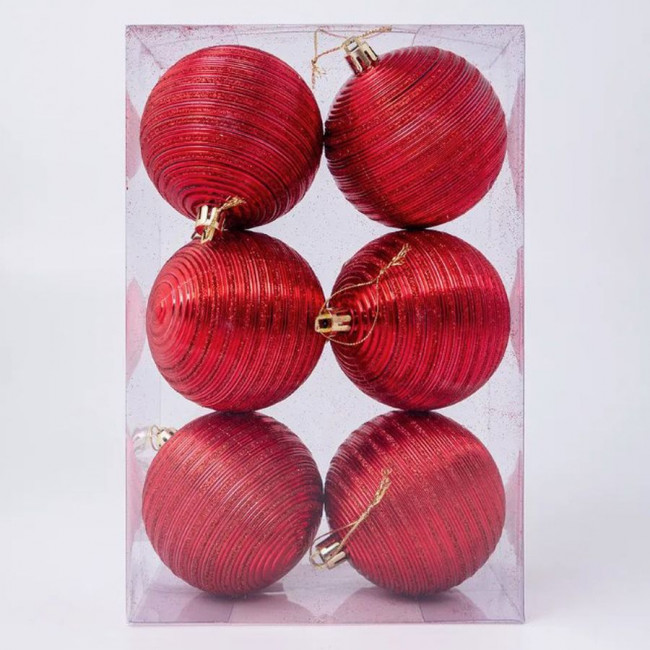 Елочное украшение шар красный 8см, полоска, 6 шт, Микрос/ч49626