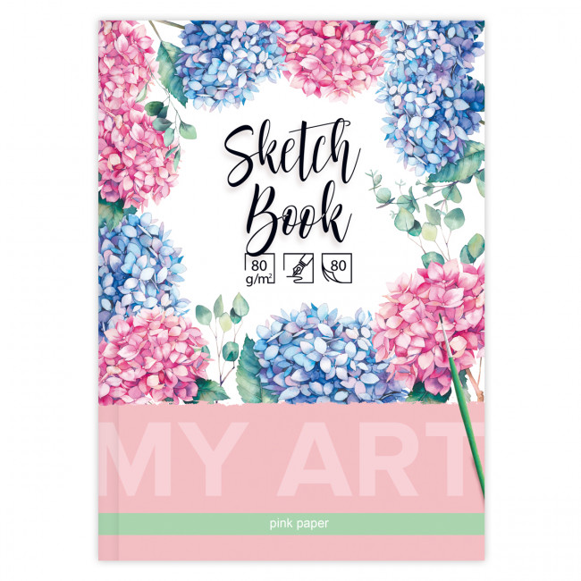 Скетчбук А5 переплёт твёрдый 80л. "Цветущая гортензия" ламинация матовая тонир.блок (розовая пастель) BG (11/22)