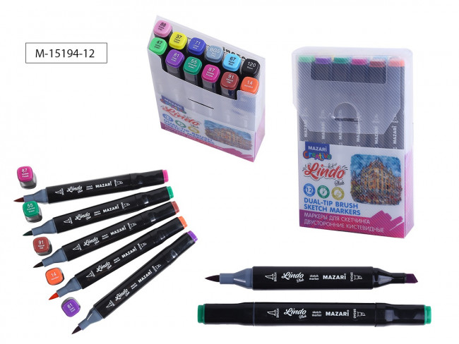 Набор маркеров для скетчинга двусторонних LINDO BLACK,12цв., Main colors (основные цвета), кистевид./клиновид.наконечники, пиш.узлы 1.0-6.2мм, ПВХ-упаковка Набор маркеров для скетчинга двусторонних LINDO BLACK,12цв., Main colors (основные цвета), кистевид./клиновид.наконечники, пиш.узлы 1.0-6.2мм, ПВХ-упаковка