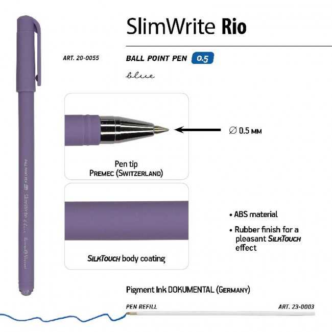 Ручка шариковая 0,5мм синяя "SlimWrite. Rio", BV/20-0055 (24)