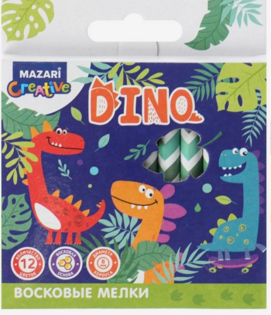 Мелки восковые d-8 мм 12цв "Dino" круглый корпус, Mazari/M-6383-12 (144)