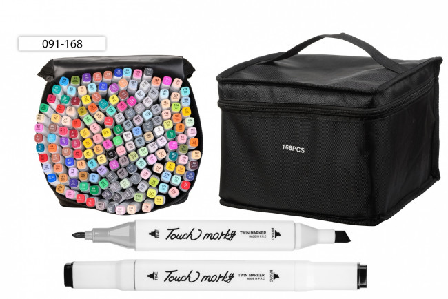 Набор скетчмаркеров: двусторонние, 1,0-7,0 mm; белый квадратной формы корпус; на спиртовой основе; тканевая чёрная сумка на молнии, 168 цветов/ 091-16