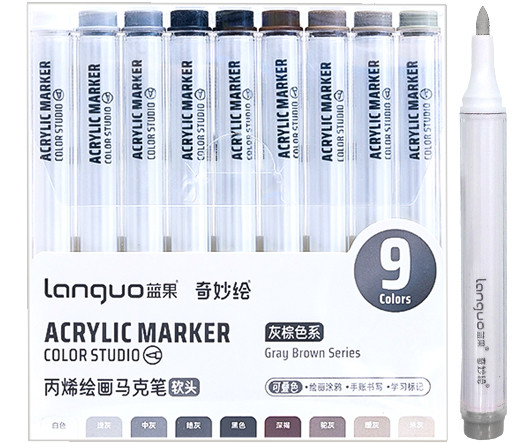 Маркер акриловый 9 цв. DD-303 "Серые оттенки" 1-3мм, кисть, многогранный корпус, уп ПВX M510-3 (1/48/192)