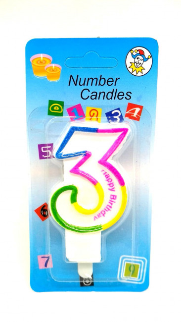 СВЕЧА цифра 3 с блеском 3-х цветная