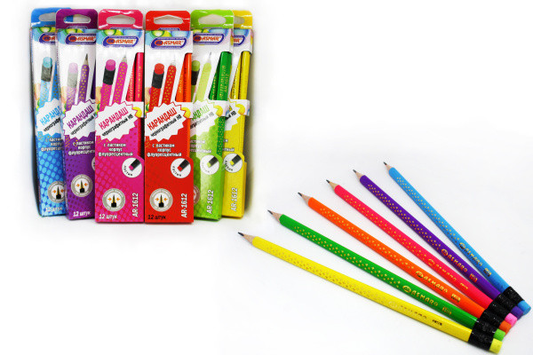 Карандаши чернографитный трехгранные с ластиком флуоресцентные, Asmar/AR-1612  (12/144)