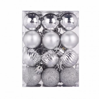 Елочное украшение шар серебро 6см, глянец, матовый, глиттер, ребристый, 16 шт, Микрос/ч49617