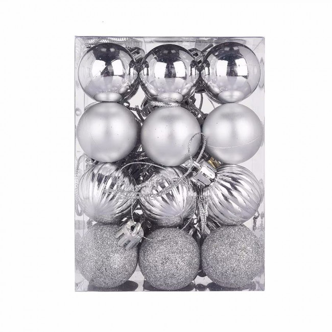 Елочное украшение шар серебро 6см, глянец, матовый, глиттер, ребристый, 16 шт, Микрос/ч49617