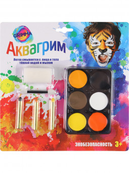 Аквагрим для детей: 6 цветов,карандаш- 3шт, спонж 1шт, аппликатор 1шт, Рыжий Кот/КС-3597