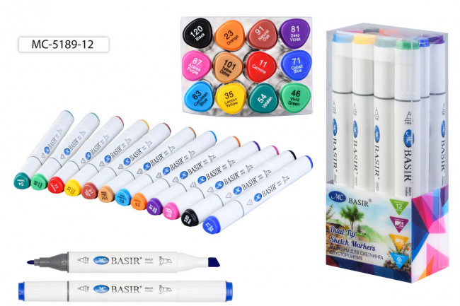 Набор скетчмаркеров: двусторонние, 1,0-7,0 mm; белый треугольной формы корпус; на спиртовой основе; пластиковая упаковка, 12 цветов/ МС-5189-12