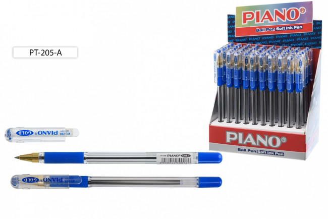 Ручка шариковая: на масляной основе, "Piano GOLD", прозрачный корпус, резиновый рельефный держатель, наконечник золотистого цвета, игольчатый стержень, прозрачный колпачок, 0.5 mm ,цвет чернил-синий.