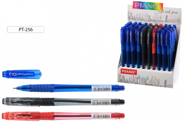 Ручка шариковая: на масляной основе,"Piano Tourist", цветной тонированный корпус, игольчатый наконечник, резиновый держатель (3 цв: 35-синих, 10-чёрных, 5-красных).толщина пишущего наконечника 0,7 mm.