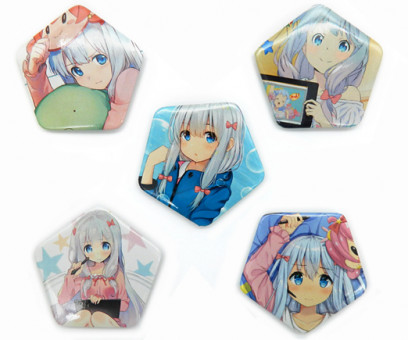 Значки JX-11 "Девушка с голубыми волосами" пятиугольные, диаметр 60мм, цвета ассорти, в ПВХ-пакете (10/1000)