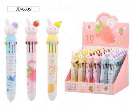 Авторучка 10-и цветная 0,5мм "ЗАЙЧИК", прорезиненный наконечник-зайчик, фрукты, Basir (36)