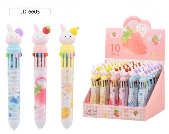 Авторучка 10-и цветная 0,5мм "ЗАЙЧИК", прорезиненный наконечник-зайчик, фрукты, Basir (36)