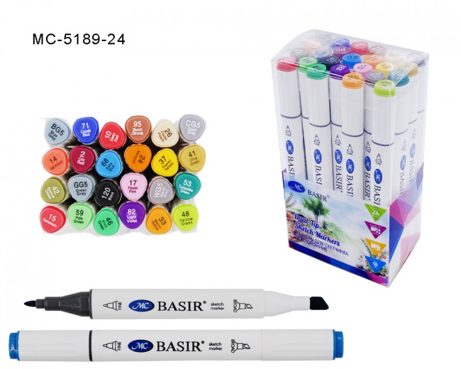 Набор скетчмаркеров 1,0-7,0 mm 24цв МС-5189-24 двусторонние, белый треугольной формы корпус, Basir