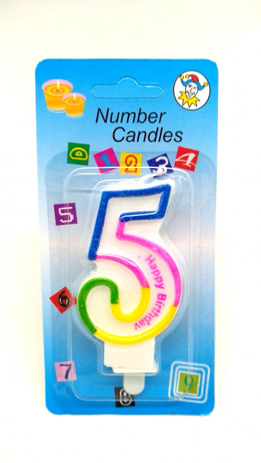 СВЕЧА цифра 5 с блеском 3-х цветная