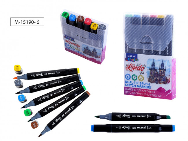 Набор маркеров для скетчинга двусторонних LINDO BLACK,6цв., Main colors (основные цвета), кистевид./клиновид.наконечники, пиш.узлы 1.0-6.2мм, ПВХ-упаковка Набор маркеров для скетчинга двусторонних LINDO BLACK,6цв., Main colors (основные цвета), кистевид./клиновид.наконечники, пиш.узлы 1.0-6.2мм, ПВХ-упаковка