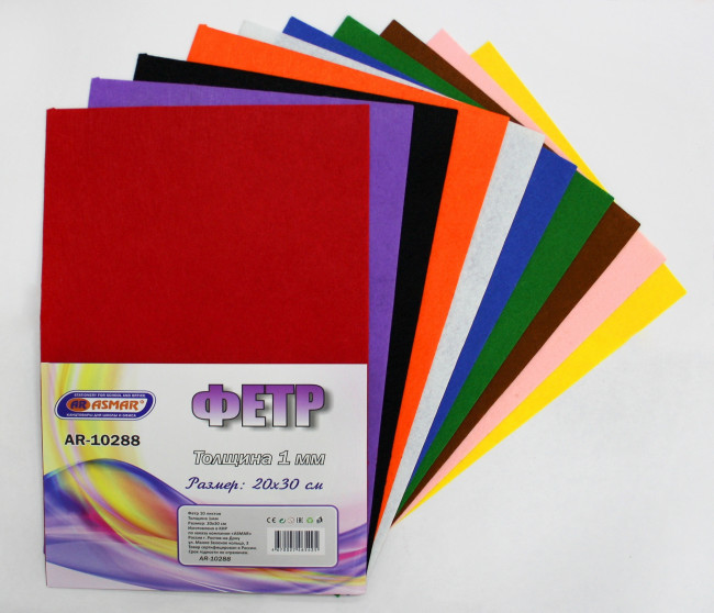Фетр А4 1мм в наборе 10л 10цв, 10шт, Asmar (10)