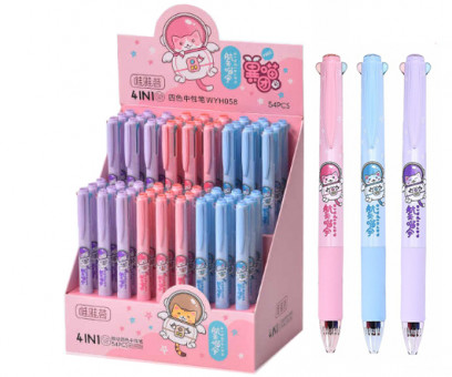 Ручка гелевая 4 цв. DE-194/DB-294 "Кот-космонавт" 0,5мм, круг корп с рис, с резин грип, асс, в к/к (54/864)