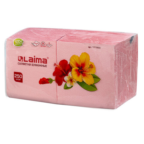 Салфетки бумажные, 250 штук, 24х24 см, LAIMA, красные (пастельный цвет), 100% целлюлоза
