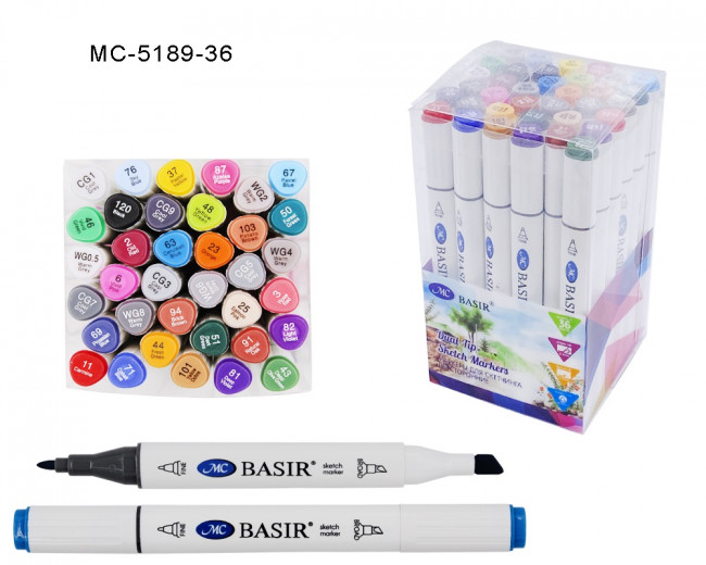 Набор скетчмаркеров 1,0-7,0 mm 36цв. МС-5189-36 двусторонние, белый треугольной формы корпус; на спиртовой основе, Basir