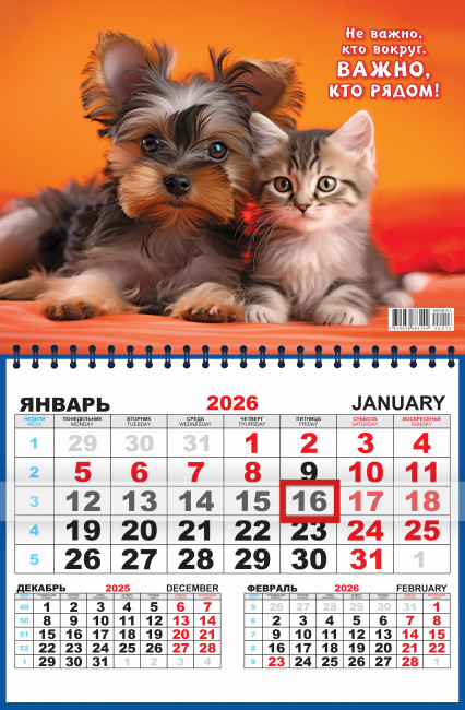 Календарь квартальный 2026г одноблочный "Кот и пёс. Важно, кто рядом", ККМ-26-013