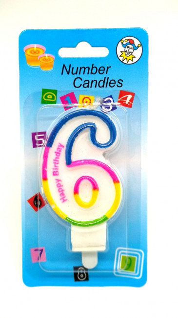 СВЕЧА цифра 6 с блеском 3-х цветная