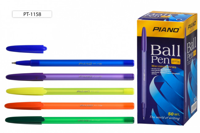 Ручка шариковая 0,5мм синяя "Piano Сorrect", на масляной основе, полупрозрачный флюоресцентный корпус, PIANO/PT-1158 (50)