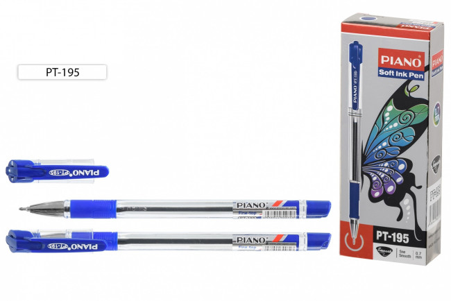 Ручка шариковая: на масляной основе: "Piano Fine-top", пластиковый прозрачный корпус , резиновый держатель, прозрачный колпачок синим клипом, игольчатый наконечник, цвет чернил-синий.,0,7 mm.