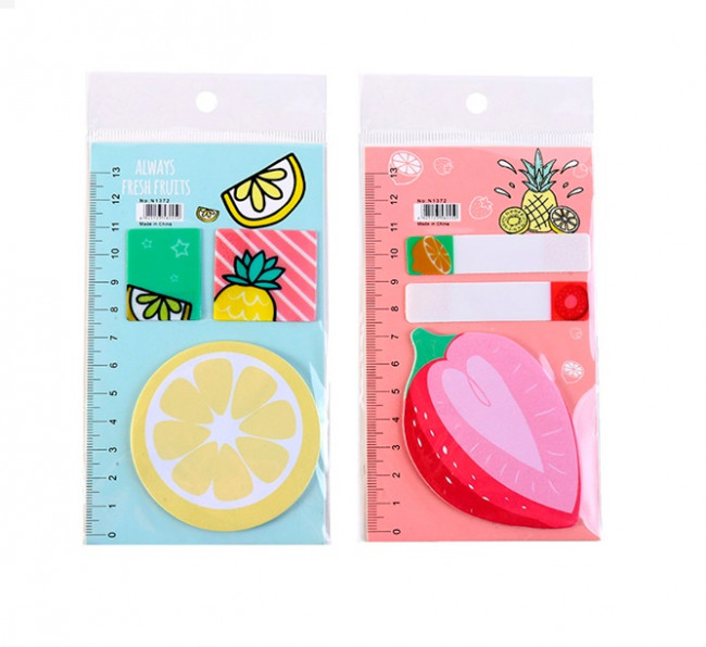Набор закладок с клеевым краем BRIGHT FRUIT 8,5х14,3 см (2 блока из ПЭ по 7 листов, 1 фигурный блок из бумаги - 15 листов), ОПП-упаковка