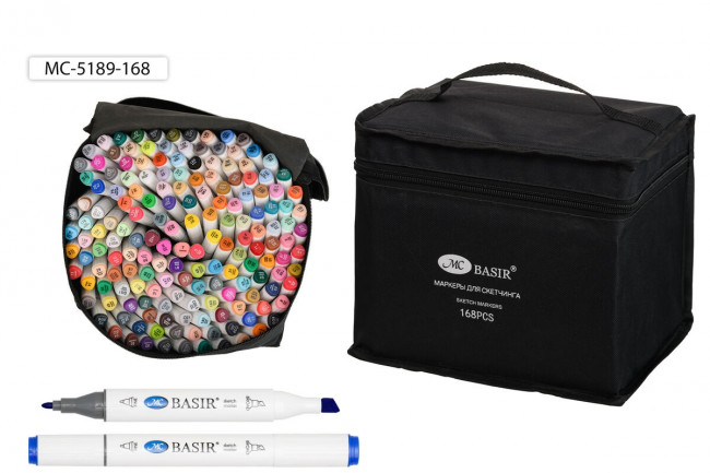 Набор скетчмаркеров: двусторонние, 1,0-7,0 mm; белый треугольной формы корпус; тканевая чёрная сумка на молнии, 168 цветов, Basir/МС-5189-168