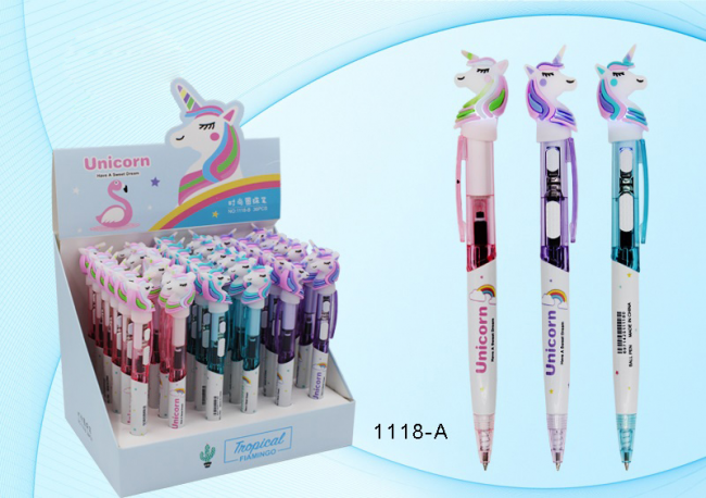 Автоматическая шариковая ручка: детская:"ЕДИНОРОГ-Tropical"; комбинированный корпус - белый/тонированный цветной /ассорти/, прорезиненный клип фонарик-единорог, цвет чернил-синий.