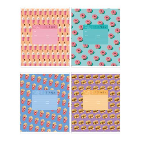 Тетрадь школьная А5 скоба 18л. клетка "Tasty pattern" выборочный лак (ассорти) BG (12/144)