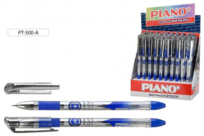 Ручка шариковая: на масляной основе: "Piano Tubtle" , пластиковый корпус с рисунком (рисунок-серебристо-синий), резиновый держатель, прозрачный колпачок с серебристым клипом, игольчатый наконечник, цвет чернил-синий.,0,5mm.