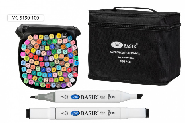 Набор скетчмаркеров: двусторонние, 1,0-7,0 mm; белый четырёхгранный корпус;тканевая чёрная сумка на молнии, 100 цветов/ МС-5190-100