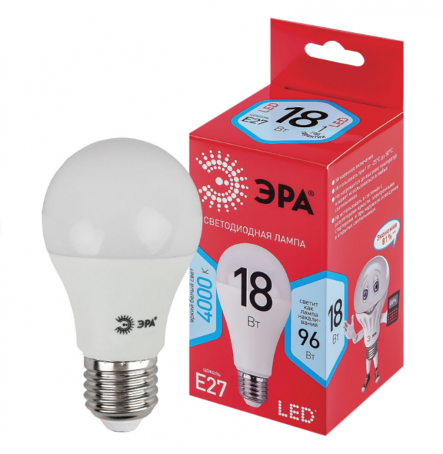 Лампа светодиодная ЭРА, 18(96)Вт, цоколь Е27, груша, нейтральный белый, 25000 ч, LED A65-18W-4000-E27, Б0052381