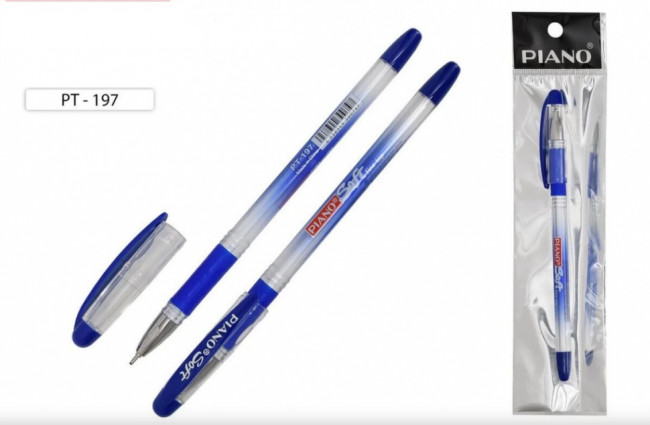 Ручка шариковая: на масляной основе,"Piano Soft",в индивидуальной упаковке с европодвесом,пластиковый, тонированный корпус, резиновый держатель, прозрачный колпачок с цветным клипом, игольчатый наконечник; цвет чернил-синий,0,5 mm.