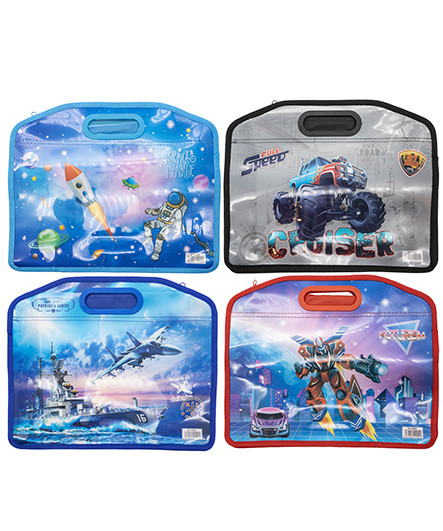 Папка для творчества А4 с врезными ручками "Транспорт" пластиковая, широкое тканевое дно, на молнии, CK-19 (3/12/240)