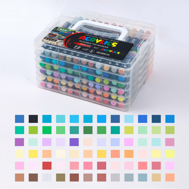 Набор акриловых маркеров ACRYLICS PREMIUM, кисть, 72 цв., в пластиквом пенале, BX9999-72