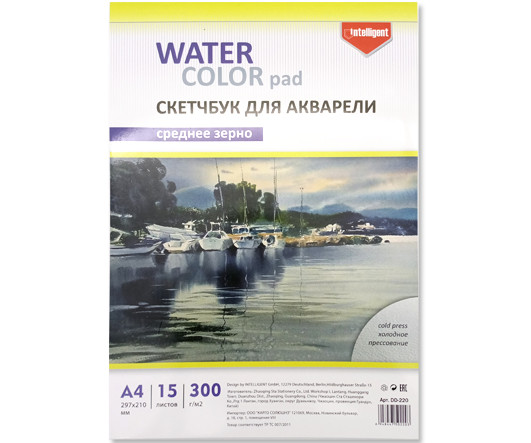 Скетчбук А4 15л. DD-220 INTELLIGENT Акварельная бумага, среднезернистая, 300 гр/м, 297х210мм, склейка, в ПВХ-пакете(1/80) Скетчбук А4 15л. DD-220 INTELLIGENT Акварельная бумага, среднезернистая, 300 гр/м, 297х210мм, склейка, в ПВХ-пакете(1/80)
