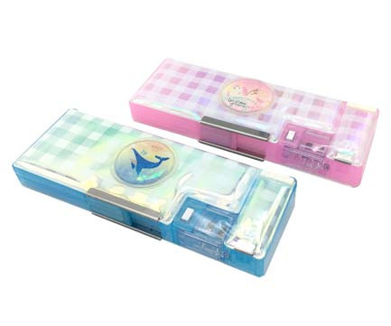 Пенал   CD-273 "Клетка" ПЛАСТИК двусторонний с точилкой, декор с плавающими блестками, цвета в ассортименте (1/1/96)