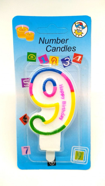СВЕЧА цифра 9 с блеском 3-х цветная