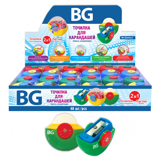 Точилка "TWIST", пластик, 1 отверстие, с ластиком, контейнер, ассорти, шоу-бокс BG (48/240)