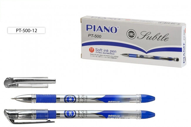 Ручка шариковая: на масляной основе: "Piano Tubtle", пластиковый корпус с рисунком (рисунок-серебристо-цветной), резиновый держатель, прозрачный колпачок с серебристым клипом, игольчатый наконечник,цвет чернил-синий, 0,5mm.