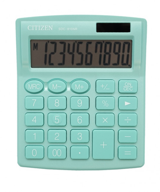 Калькулятор настольный Citizen SDC-810NR-GN, 10 разрядов, двойное питание, 102*124*25мм, бирюзовый Калькулятор настольный Citizen SDC-810NR-GN, 10 разрядов, двойное питание, 102*124*25мм, бирюзовый