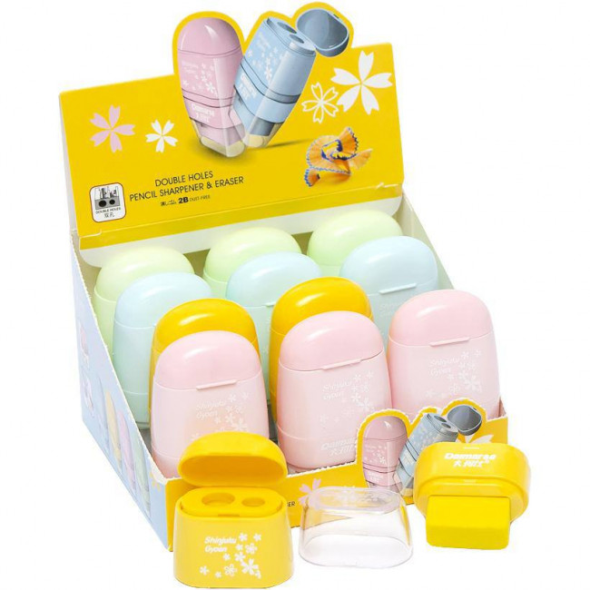 Точилка 2 отверстия, 45*75 мм, пластик, контейнер для сбора стружки, ассорти 4 вида, Daimarse/DMS159 (12)