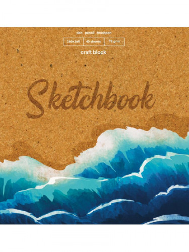 Скетчбук Море160х160,мел картон,лён+мат лам,гребень слева,жест подл.,40л,78г(крафт блок) С40-4832